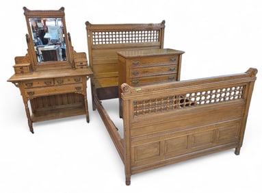 Antique Eastlake Victorian Carved Oak Bedroom Set.