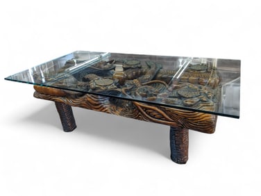 Carved Dragon Asian Glass Top Coffee Table.