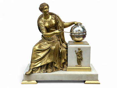 Monumental Marble & Bronze Annular Clock.: The antique annular dial clock features a large gilt bronze female figure in drapery pointing to the clock time. The roman numeral pieces are painted porcelain, and the globe is silver plated with 5