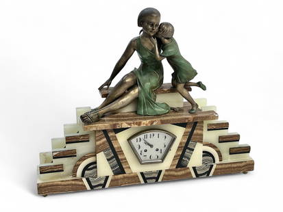 Art Deco Marble Mantel Clock w/ Figures.: The large Art Deco mantel clock features tesselated (mostly) onyx in brown, gray, black, and light cream/green. The piece has a couple of metal figures of girls gossiping, with a patinated bronze