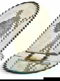 Erte Art Deco Vanity Table Mirror, Lily.: The Art Deco table mirror features a mirrored oval base with an arched double-sided standing plaque at the center, which rotates. One side of the arched piece features a bronze plaque with a repousse