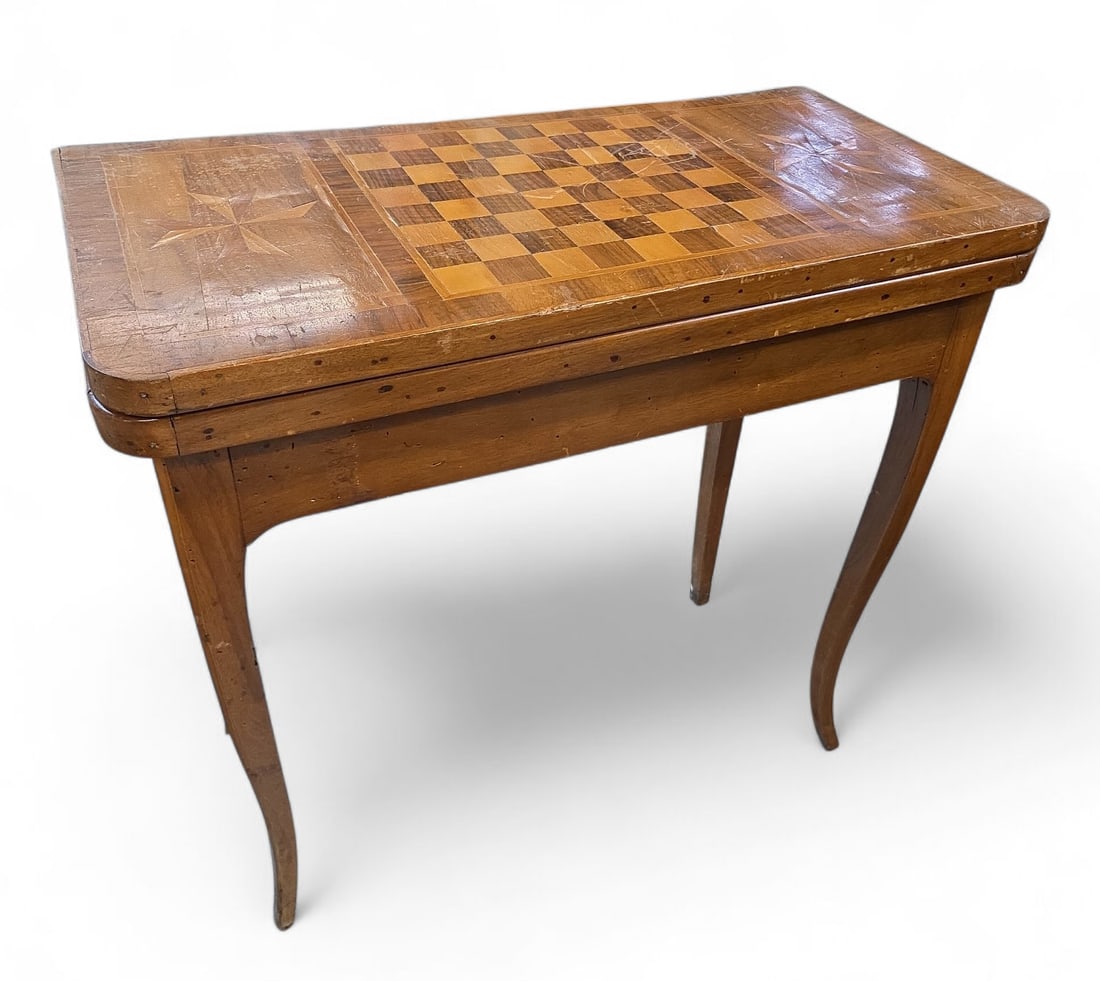Flip-Top Game Table, As-Is.: The table has an inlaid game board surface with star decorations, and a plain felt surface when flipped over. There is no extra support for the table when flipped. The surface is very warped, with lot