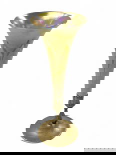 L.C.T. Favrile Glass Vase w/ Tiffany Studios Base.: The pulled feather iridescent trumpet vase is signed "L.C.T." at the bottom. It has a scratch on the side, and a circumferential crack near the bottom, hidden by the bronze dore base. The base is