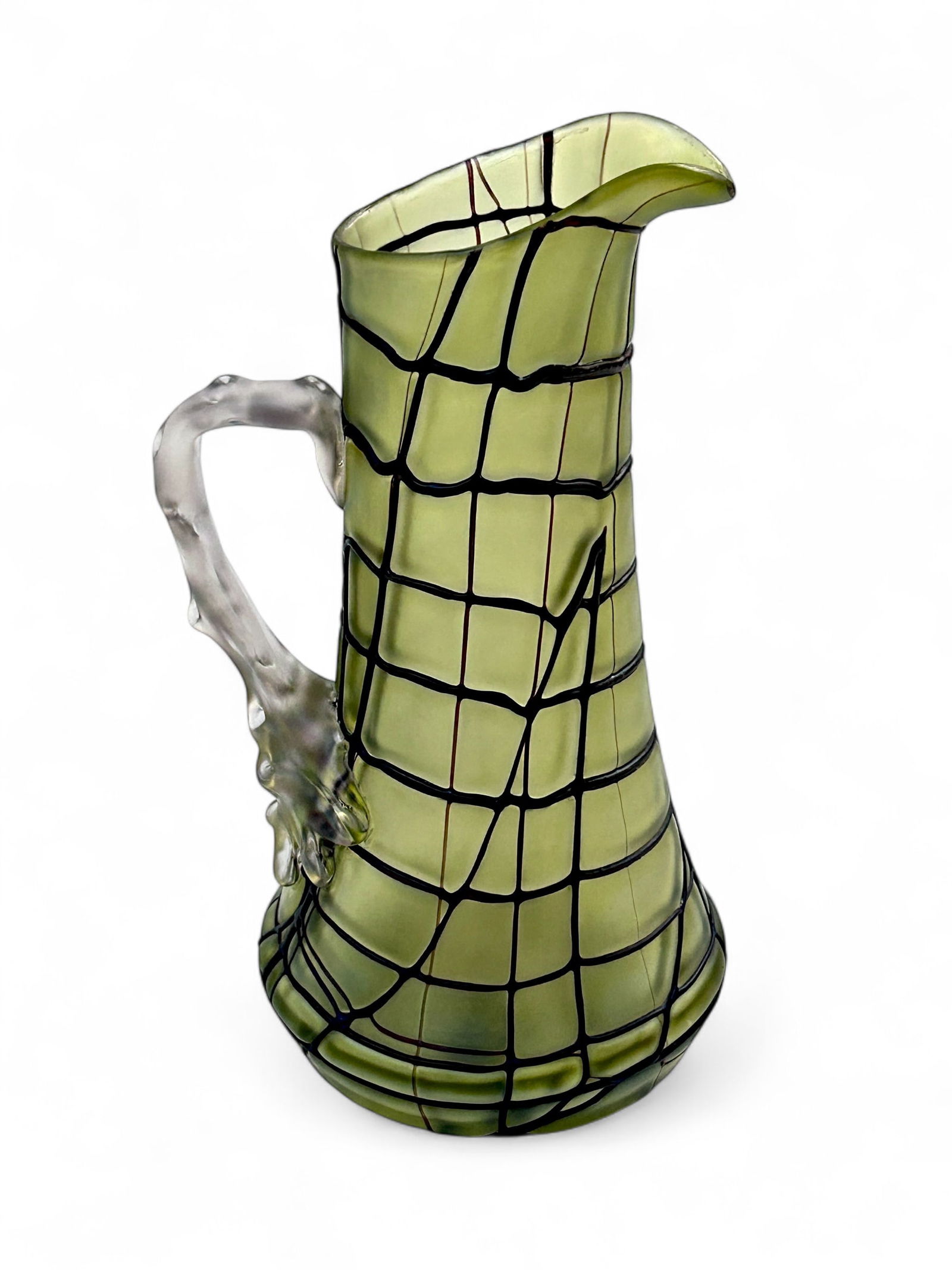 Czech Art Glass Pitcher, Possibly Loetz or Kralik.: It appears to be unsigned. Overall, it looks to be in nice condition, with some small scratches near the bottom. It measures 6" x 5 1/2" x 10 3/8". In-house shipping is available. Please see our websi