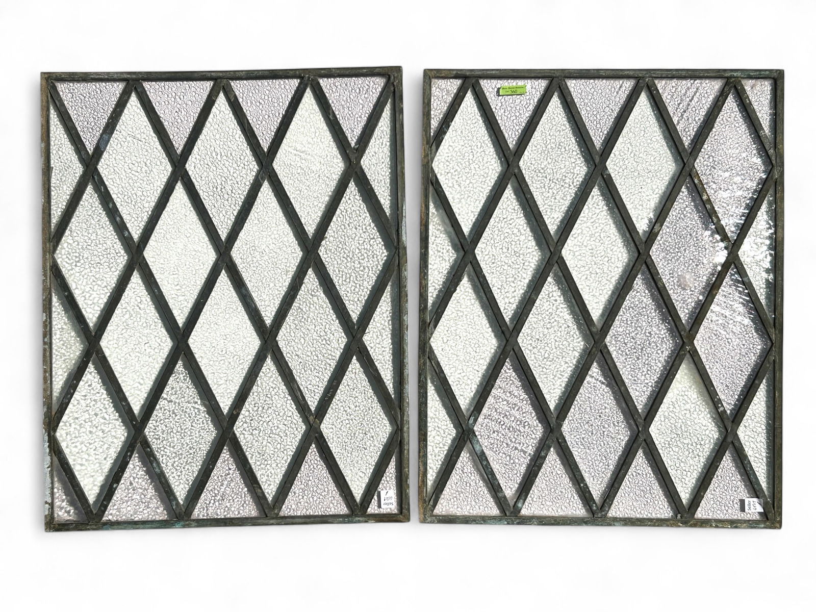 Pair of Leaded Glass Diamond Pattern Windows.: They are textured glass rectangular windows, in overall good condition. They could use a light cleaning. Each one measures 26 1/4" x 20 1/2". Third-party shipping or personal pickup is required. Pleas