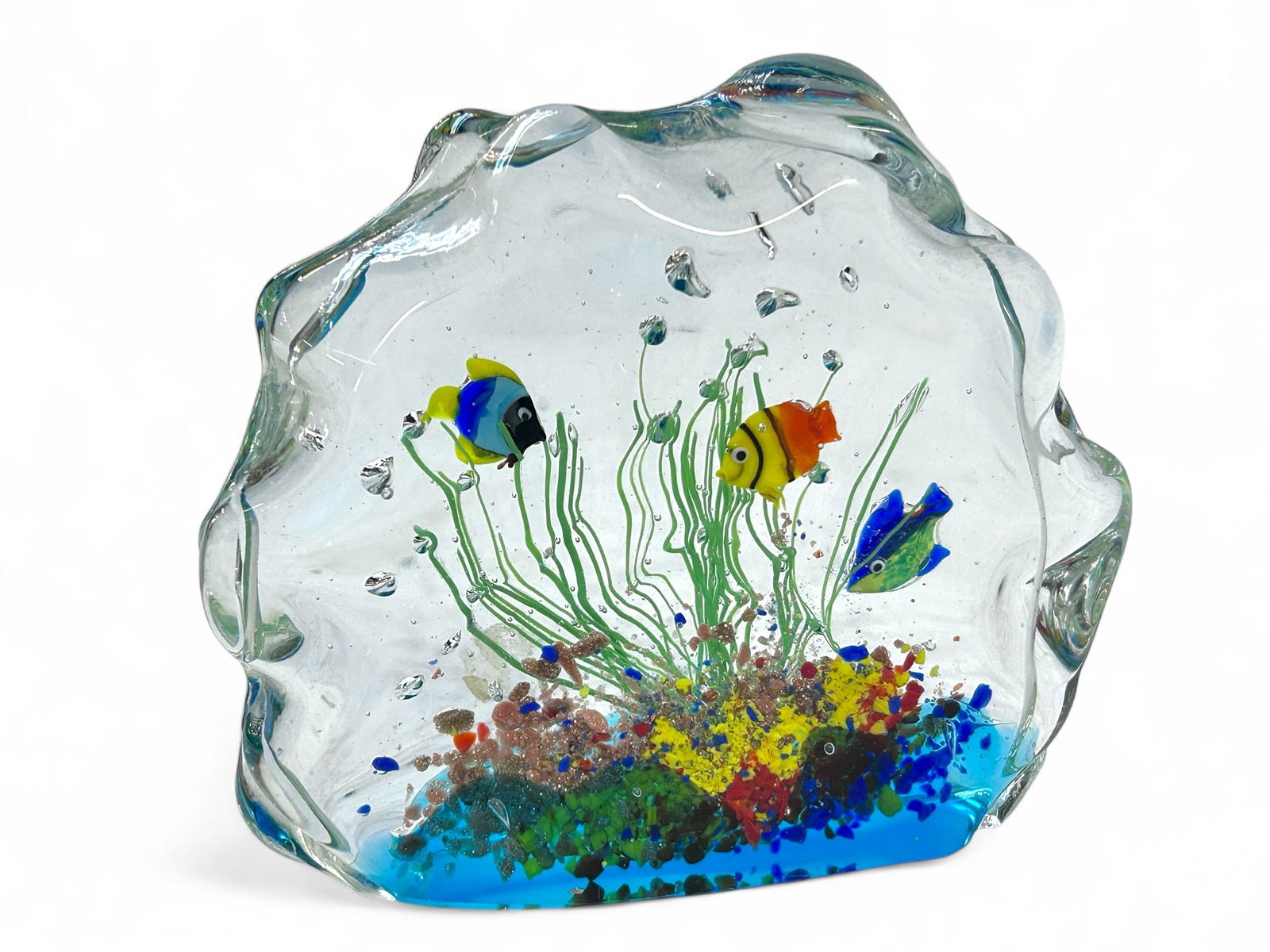 Murano ? Art Glass Aquarium Paperweight.: There is some sticker residue, possibly from a Murano sticker. Overall, the piece looks to be in good condition, with a chip at the bottom that is a little hard to notice. The dimensions of the piece