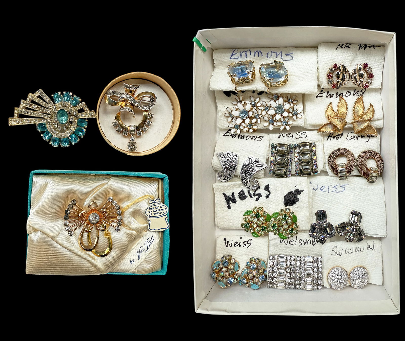 Lot of Mostly Rhinestone Designer Jewelry - Mazer.: The lot contains 15 pieces of vintage jewelry. There are 3 brooches, and 12 pairs of earrings. The brooches are Mazer gold plated, Joseph Weisner (missing 2 stones), and Van Dell gold filled. The earr