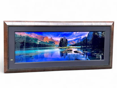 Peter Lik 8' Landscape Photograph - Spirit Island.: This huge framed photograph by Peter Lik is titled Spirit Island. The piece features a dreamy landscape of a body of water, mountains, and trees. The photograph is signed on the bottom right, and the