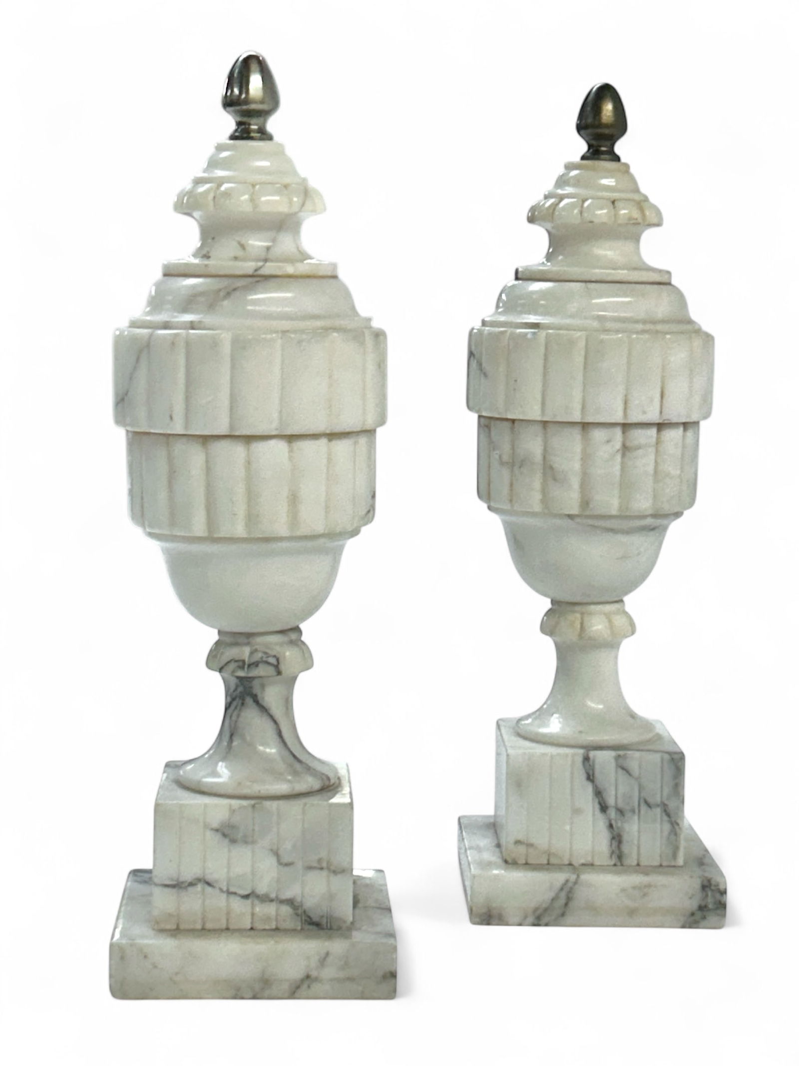 Pair of 16" Mid-Century Marble Garnitures.: They have some nicks and scratches, but look to be in overall good condition. Each one measures 5" x 5" x 16". Third-party shipping or personal pickup is required. Please see our website for our shipp