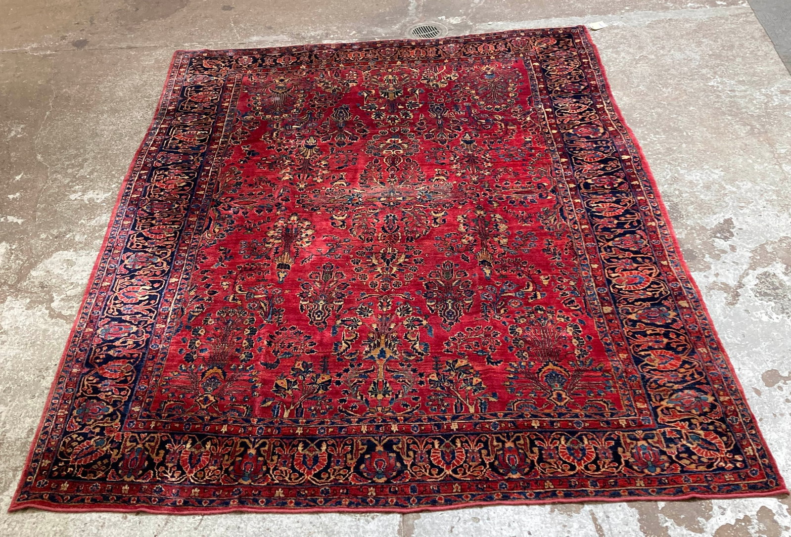 9' x 11' 4" Sarouk Rug, Dirty, As Is.: The rug looks like it was trimmed a bit on one side, and has a few small tears (see photos). It is very dirty, which causes a crackling sound when the rug is bent. It also has a bit of dry rot in a co