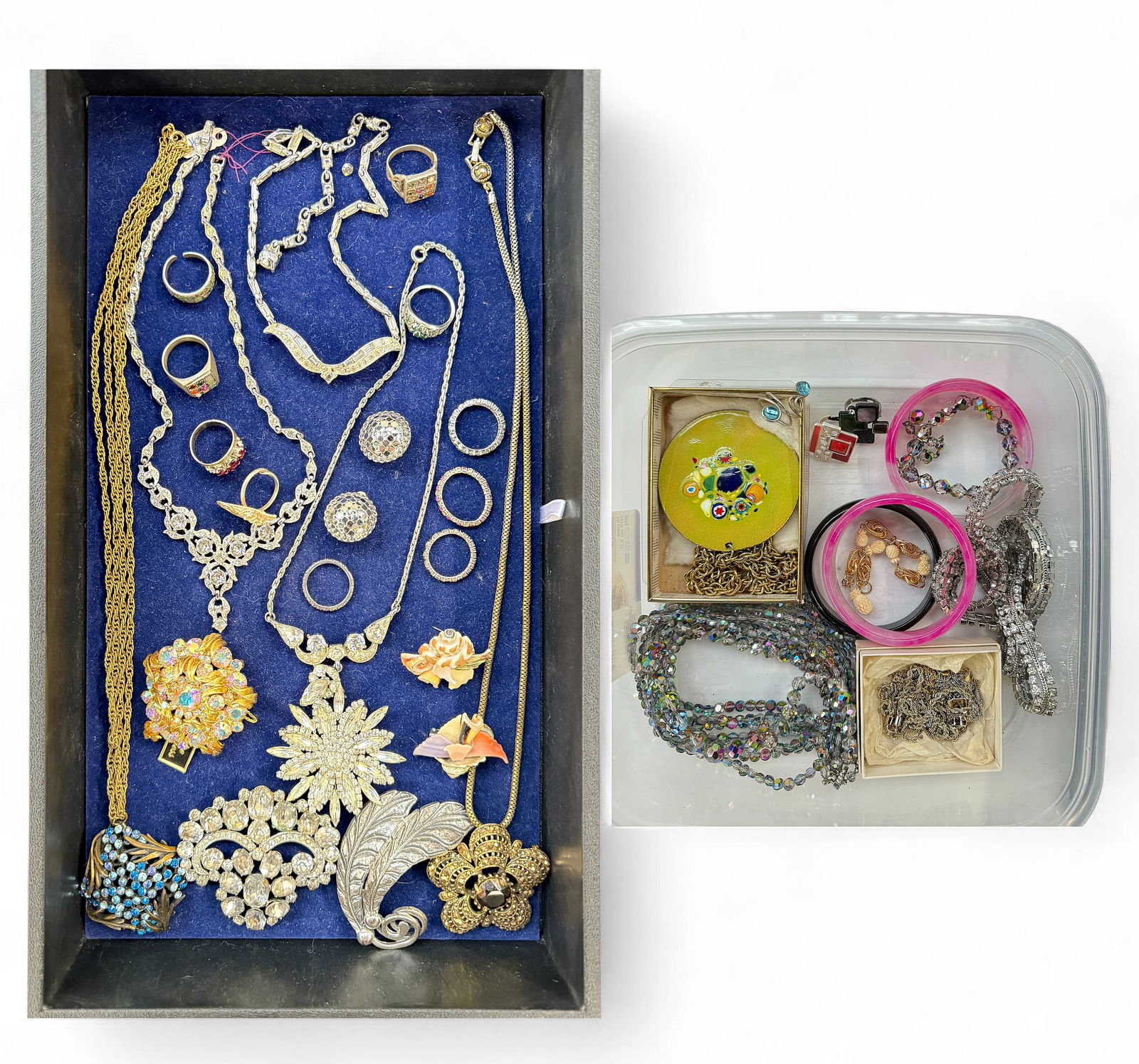 Lot of Costume Jewelry - Rhinestone, Designers.: The lot contains 42 pieces of vintage costume jewelry, many of them signed. The pieces include rhinestones, shells, metals, glass, aurora borealis, enamel, gold filled pieces, and a sterling silver ri