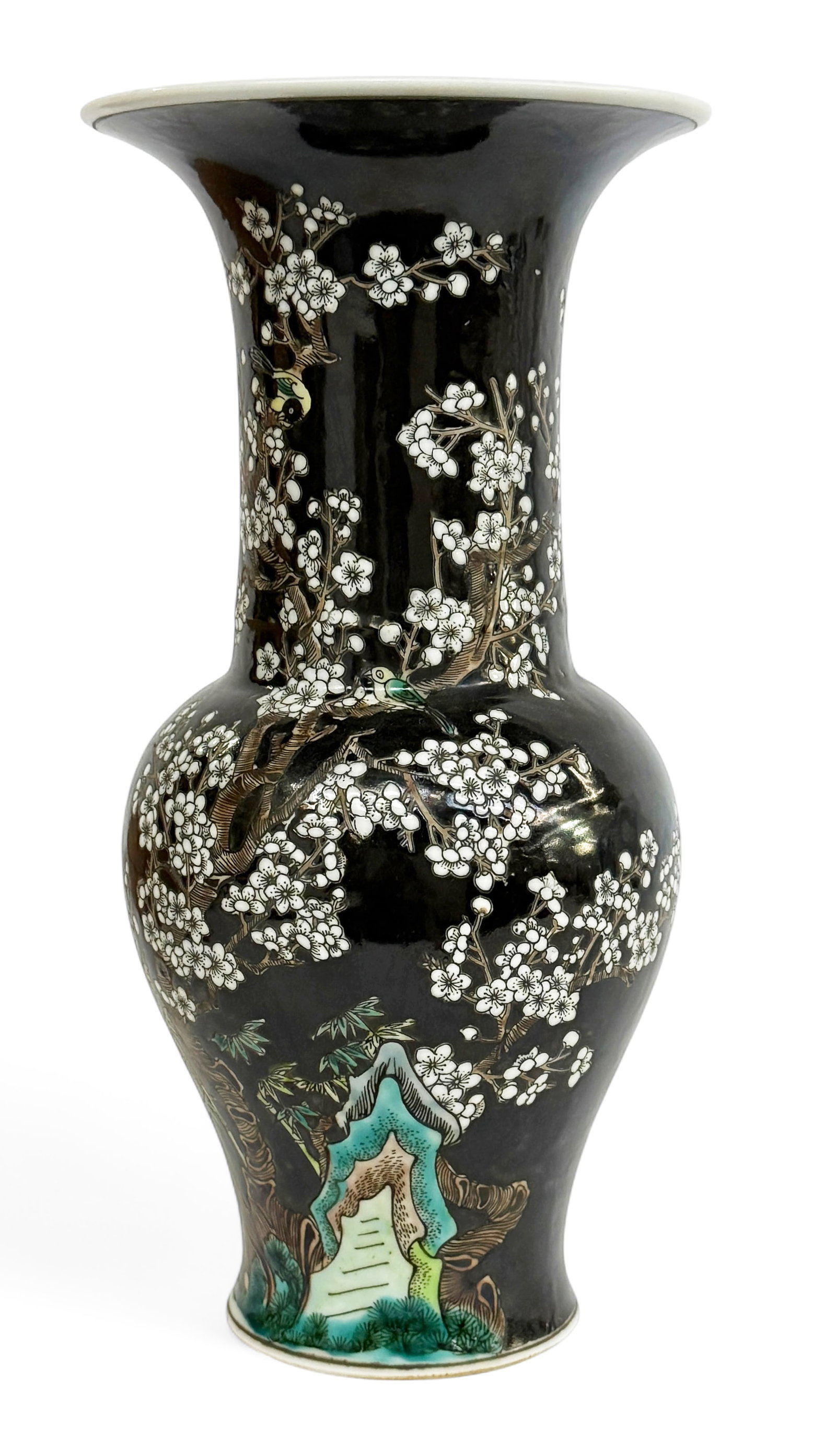 Chinese Porcelain Flowering Tree Vase.: The vase has a mark on its underside. It is in good overall condition. It measures 11 1/4" tall and 5 5/8" in diameter at the top rim. In-house shipping is available. Please see our website regarding 