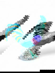 Herend Hungary Fishnet Porcelain Rooster Sculpture: The bright polychromatic sculpture depicts a rooster with teal feet, comb, and feathers, accented by blue, pink, black, and gold details. The piece is stamped appropriately on the underside. It