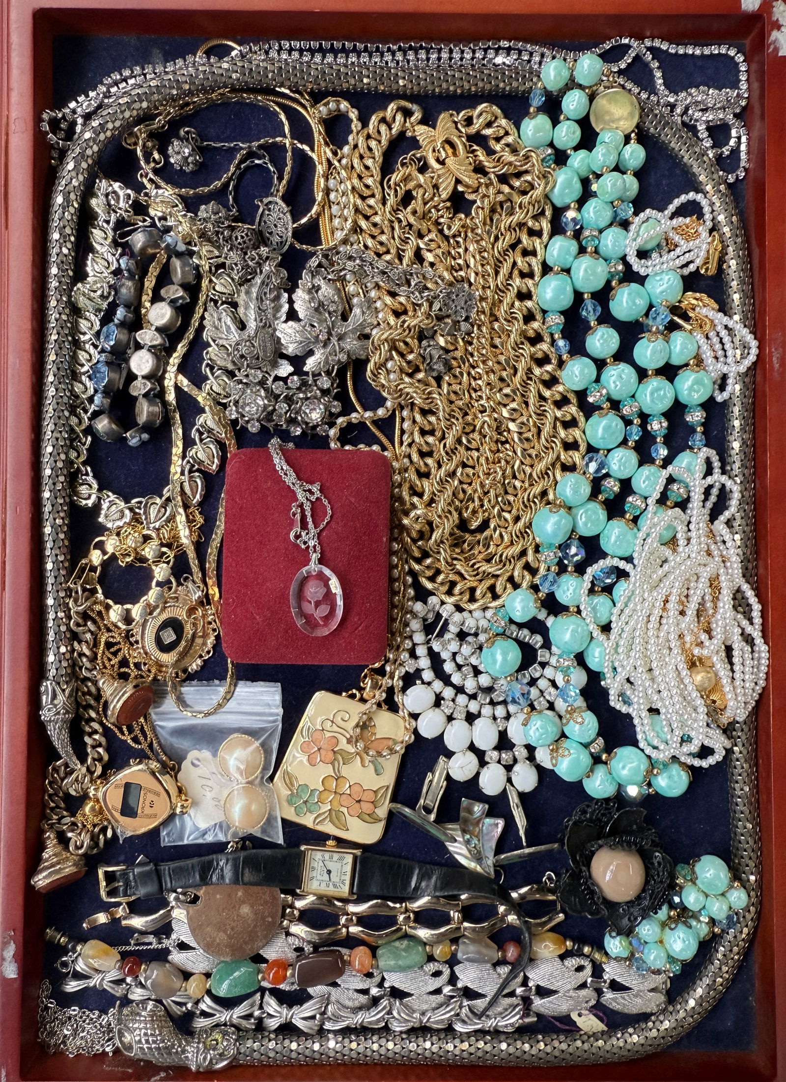 Lot of Vintage Costume Jewelry - Snake Belt, Ricci: The lot contains 28 pieces of jewelry. There are necklaces, earrings, bracelets, a couple of watches, a pendant, and a pair of cuff links. Some of the materials in the lot are abalone, faux pearls, en