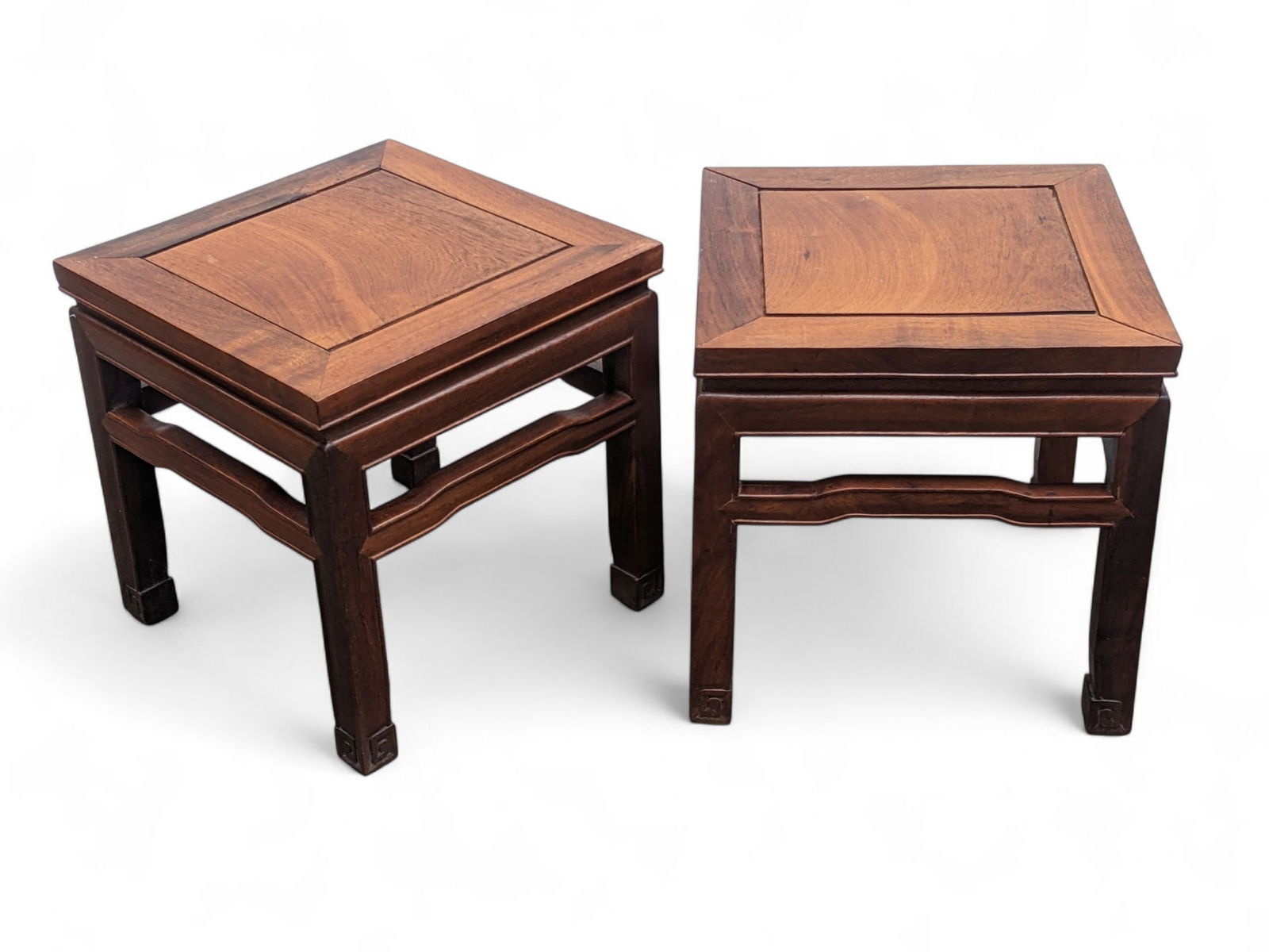 Pair of Vintage Light Wood Chinese Accent Tables.: One of the tables has an intact label that reads, "Manufacturers & Exporters of Chinese Art Furniture - Manufactured in Hong Kong." They are made of solid wood, and are in good overall condition, with