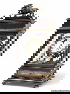 French Ferris Wheel Ball Bearing Gravity Clock.: The mahogany clock with bronze ormolu trim also has a barometer and a thermometer. It has a bronze lion figure at the top, and decorative finials. It comes with 20 steel balls, which fall into a