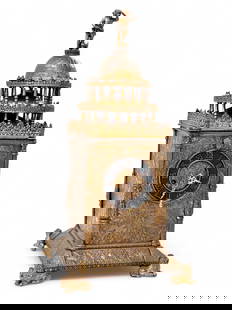 German Renaissance Revival Turret / Tower Clock.: The antique clock is composed of a variety of materials, including brass and wood, unified by a coat of gild. Most of the body surface is hammered and etched brass veneer with low relief decorations