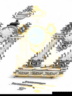 French Marble & Dore Bronze Portico Clock.: The Louis XVI style portico clock features white marble, dore bronze ormolu decorations, pearl trim, blue and white cameo style porcelain cabochons, and an urn finial. The piece also has two columns