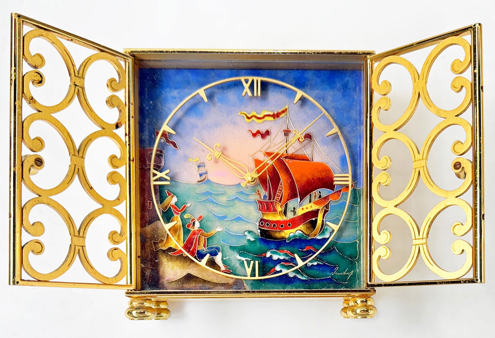 Imhof Gilded Enamel Clock, Maritime Scene (1 of 6)