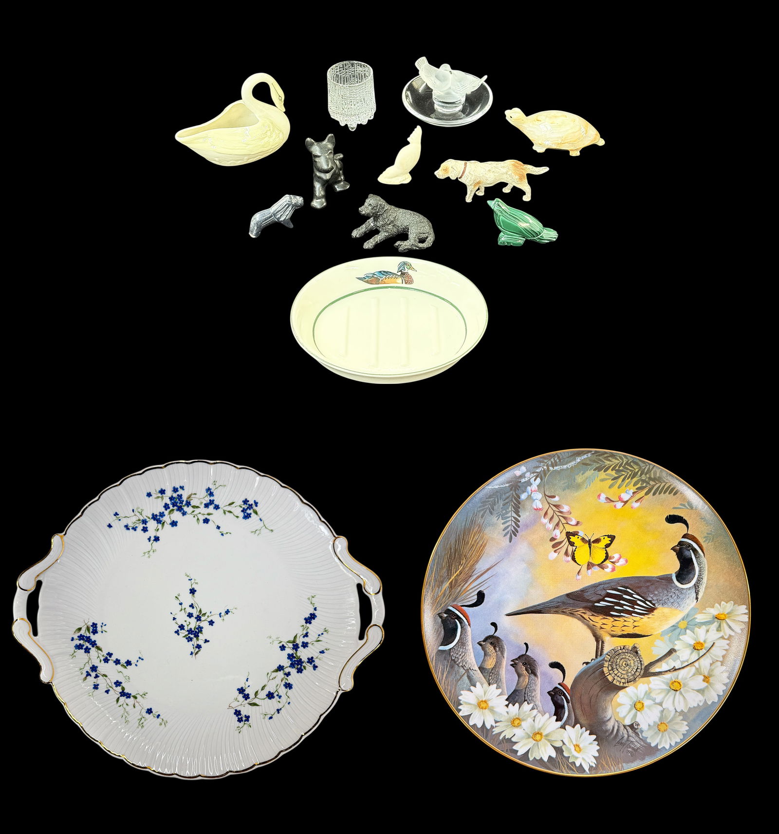 Lot: Lalique, Iittala, Limoges, Belleek, etc.: This lot includes a Lalique bird ring dish, a Belleek swan, a Bernardaud Limoges floral platter, an Iittala cordial glass, and more. Overall, the lot looks to be in good condition. The largest item me