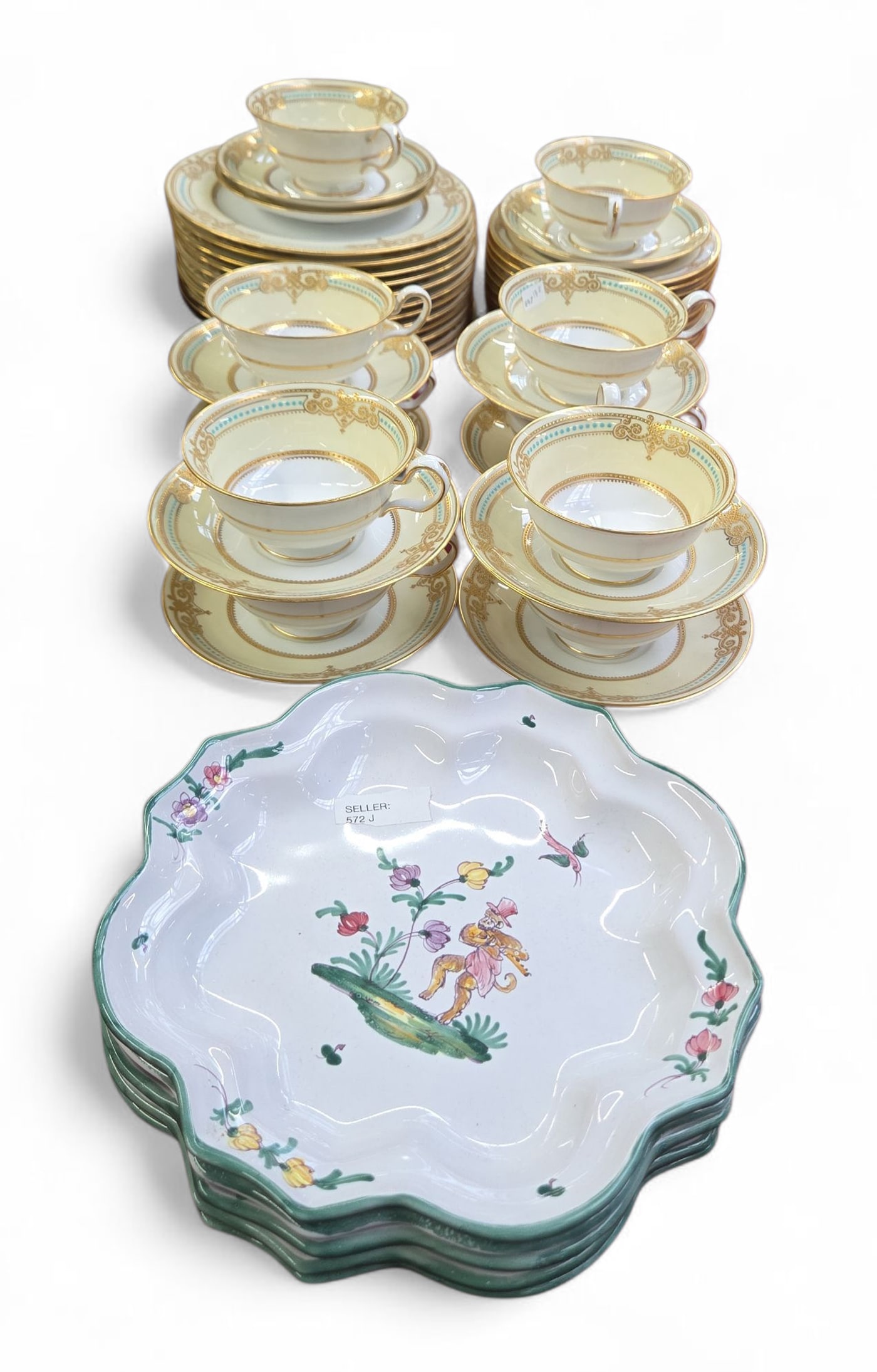 Lot of Spode China & Atelier de Segries Plates.: The lot contains 44 china pieces by Spode England and a set of 5 hand painted plates by Henri Bendel for Atelier de Segries France. The French plates feature dressed monkeys playing instruments. The S