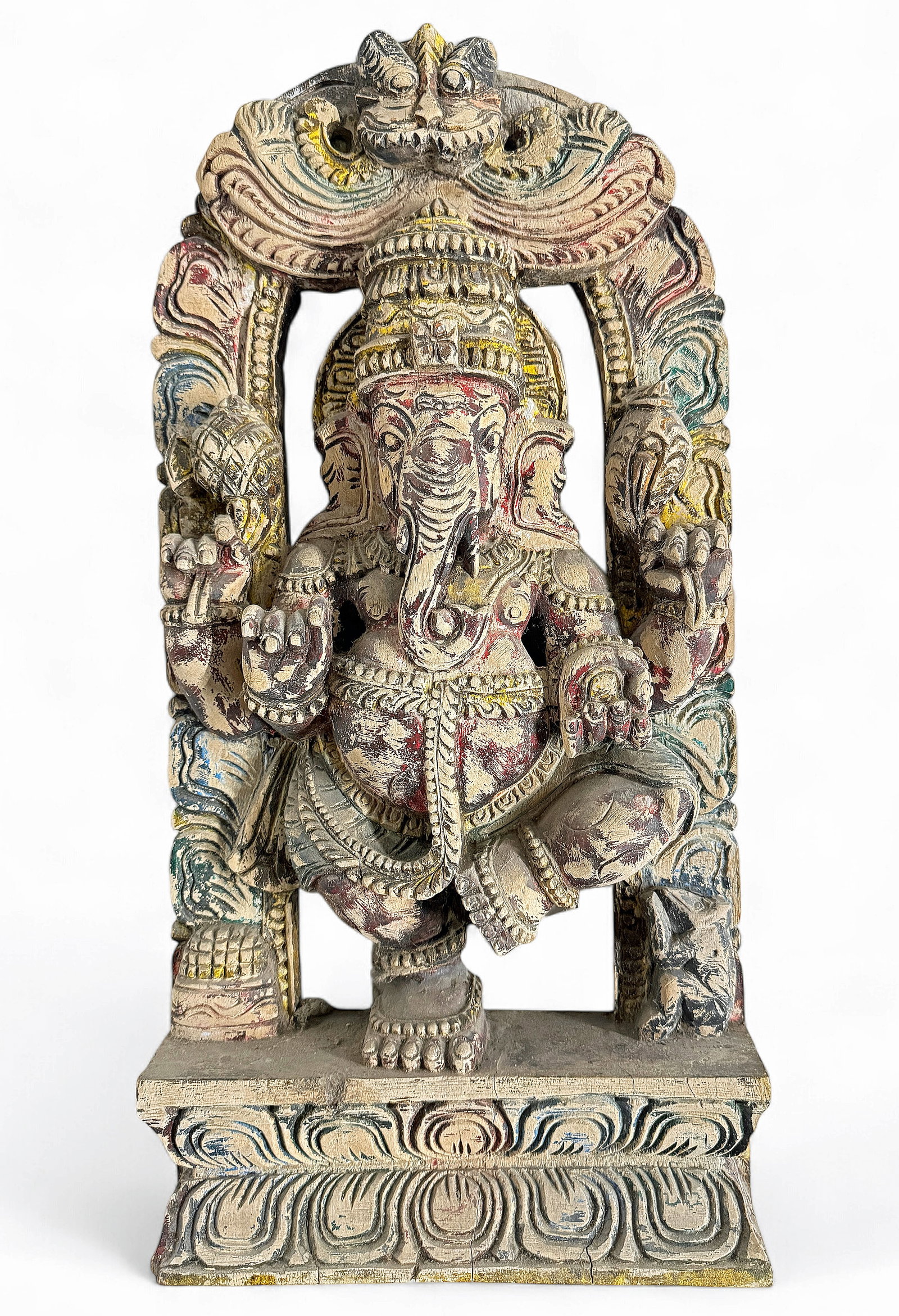Polychrome Painted Wood Ganesha Wall Plaque.: There is some paint loss, and some small cracks. The piece measures 12" x 3 1/2" x 23". In-house shipping is available. Please see our website regarding in-house shipping procedures.