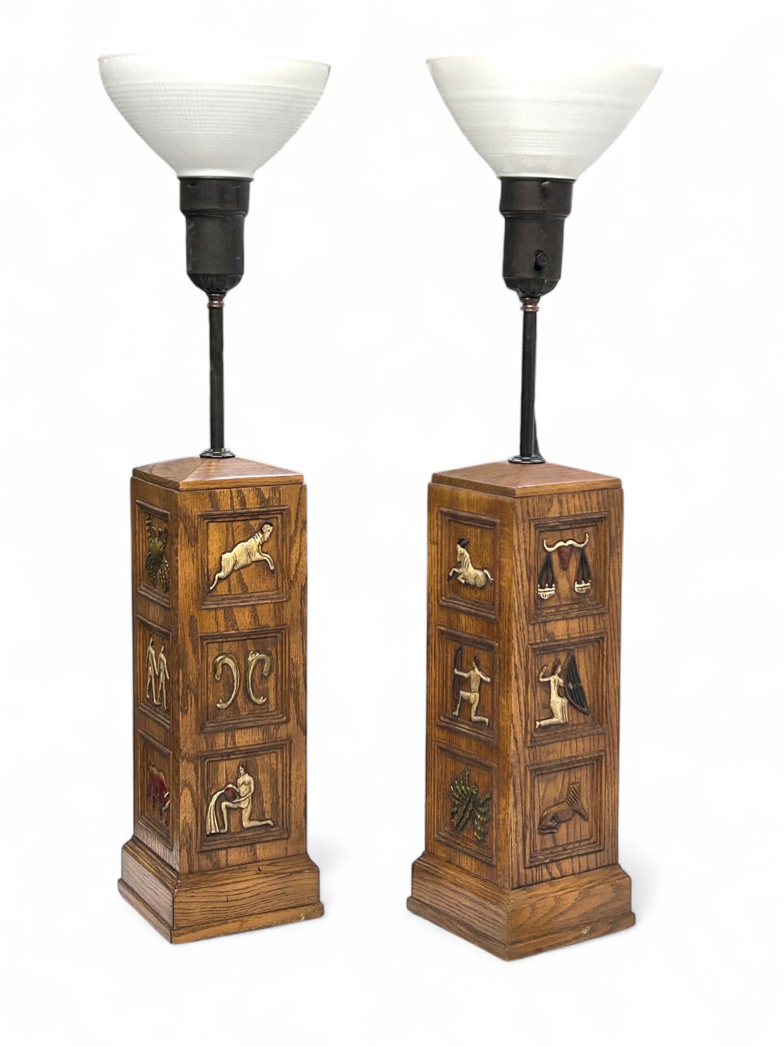 Pair of Romweber Viking Oak Zodiac Lamps. (1 of 9)