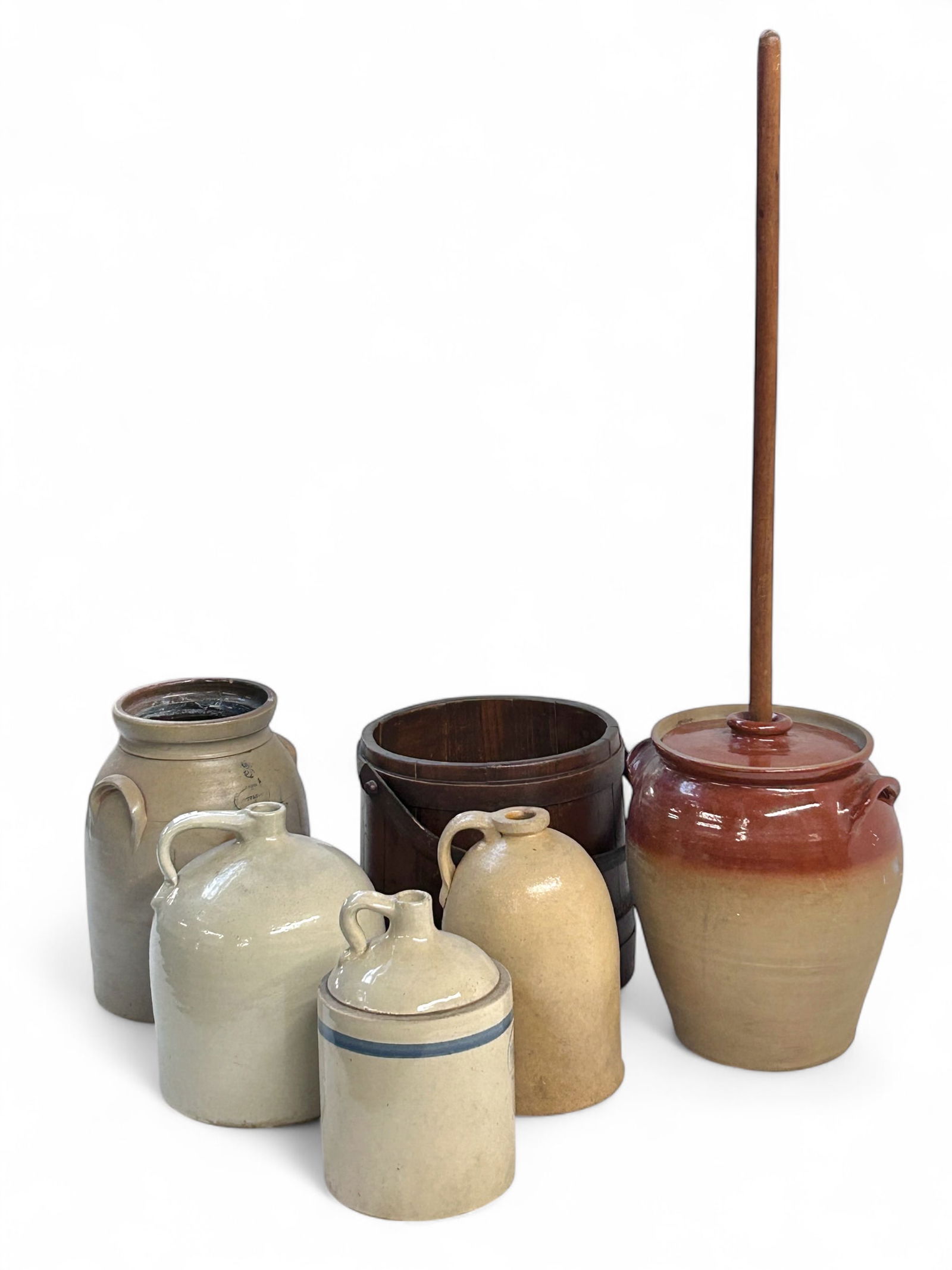 Lot: Stoneware Jugs, Crocks, Butter Churn, Bucket. (1 of 14)