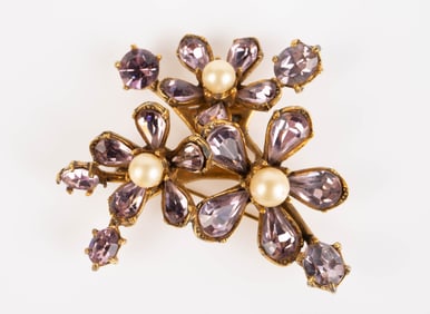 Adele Simpson Rhinestone & Pearl Flower Brooch.