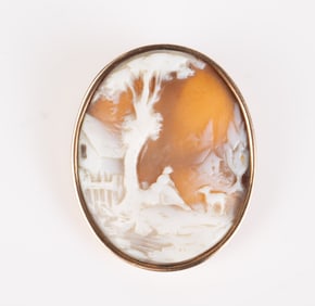 10K Gold Cameo Brooch with Country Scene.