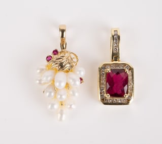 Two 14K Gold Pendants w/ Pearls, Diamonds, & More.