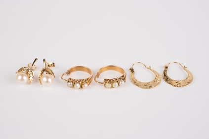 3 Pair of 14K Gold Earrings - Pearls & Hoops.