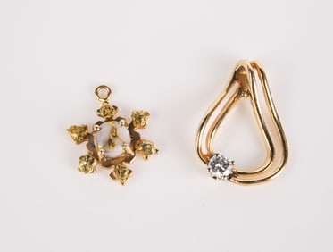Two 14K Gold Pendants - Diamond, Gold Quartz.
