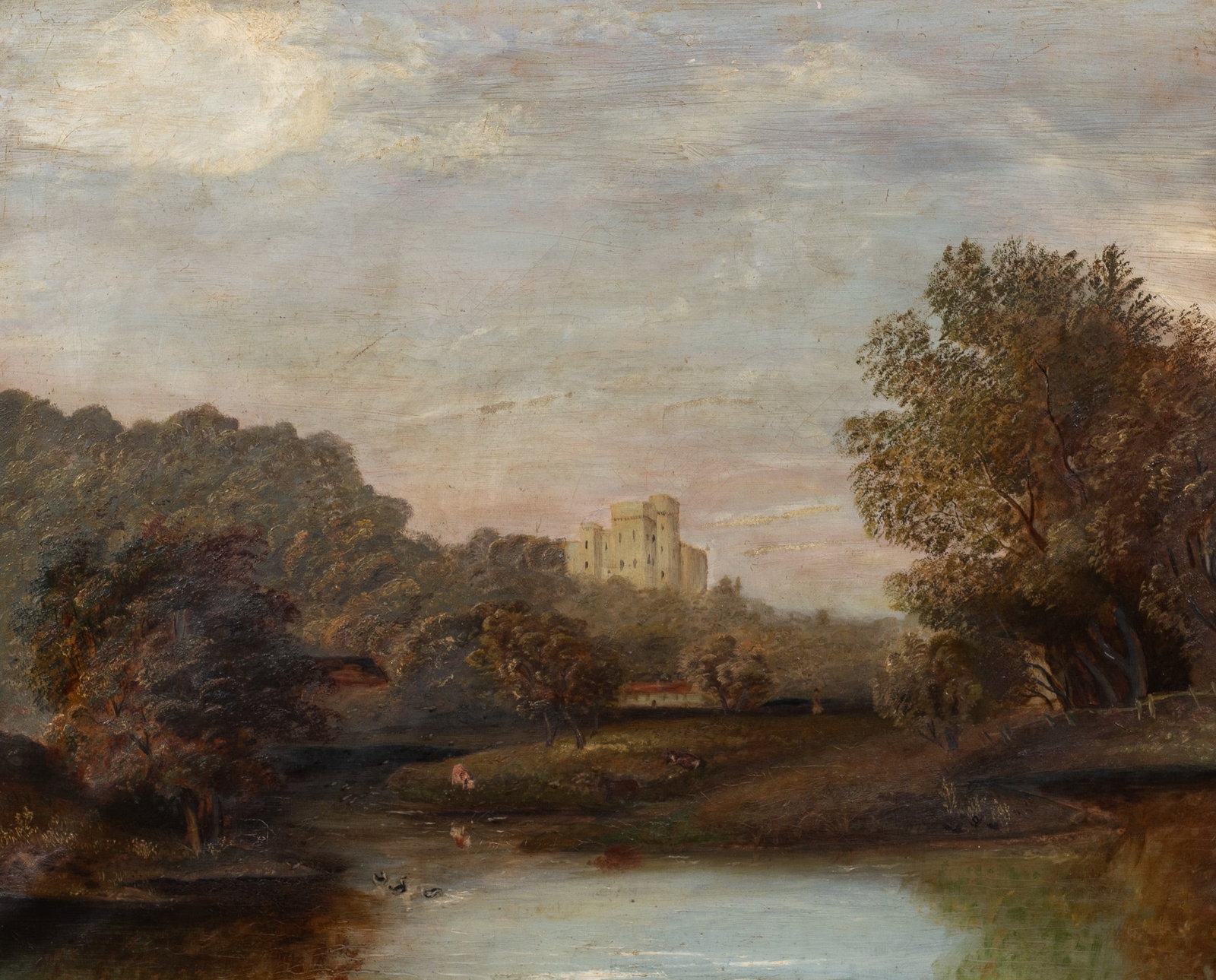 Antique Painting of a Wooded River and Castle.: Artist(s): Unknown. Medium: Oil on canvas. Signature(s): Unsigned. Paperwork: N/A Condition: Craquelure and surface grime throughout. The work sits loosely in its frame, and will need to be restretche
