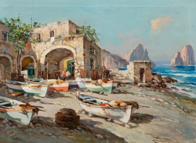 Fisherman's Bay, Italian Landscape Sgd. Girolamo.