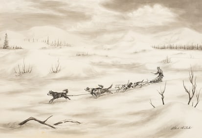 Dog Sledding Watercolor by Wilbur Walluk.
