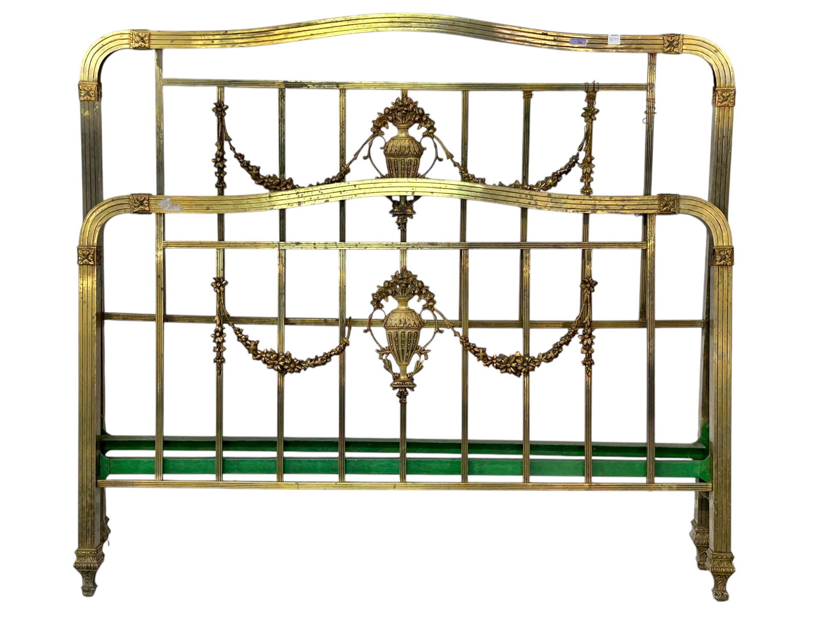 French Louis XVI Style Bronze Bed Frame, Full.: The likely antique bronze bed frame features ornate decorations of urn vases and flowers. It comes with the side and front and back rails. The largest piece, the headboard, measures 48" x 57 1/2" x 1