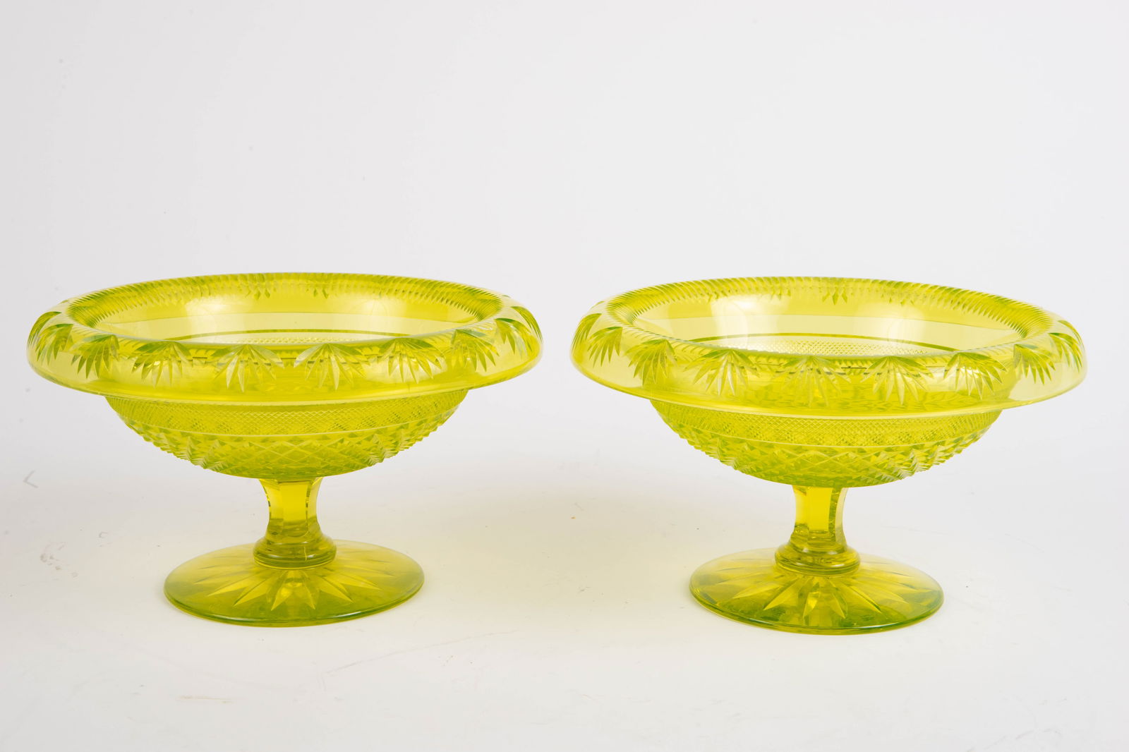 Pair of Cut Glass Vaseline Uranium Compotes. (1 of 4)