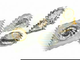 Lot of Vintage Clocks - Bulova, Jensen, Waterford.: The lot contains 5 clocks, most of them quartz. There is an AMS chrome swivel clock, a Howard Miller brass and beveled glass battery operated clock, a Bulova Japan brass and crystal quartz clock, a Wa