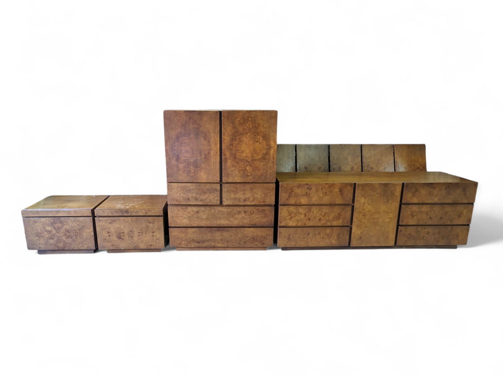 Milo Baughman for Lane Mid Century Bedroom Set.: This burled walnut set includes a dresser, an armoire (or highboy dresser or gentleman's chest), a headboard, and two nightstands. The dresser and nightstands are signed. Overall the set is in good co