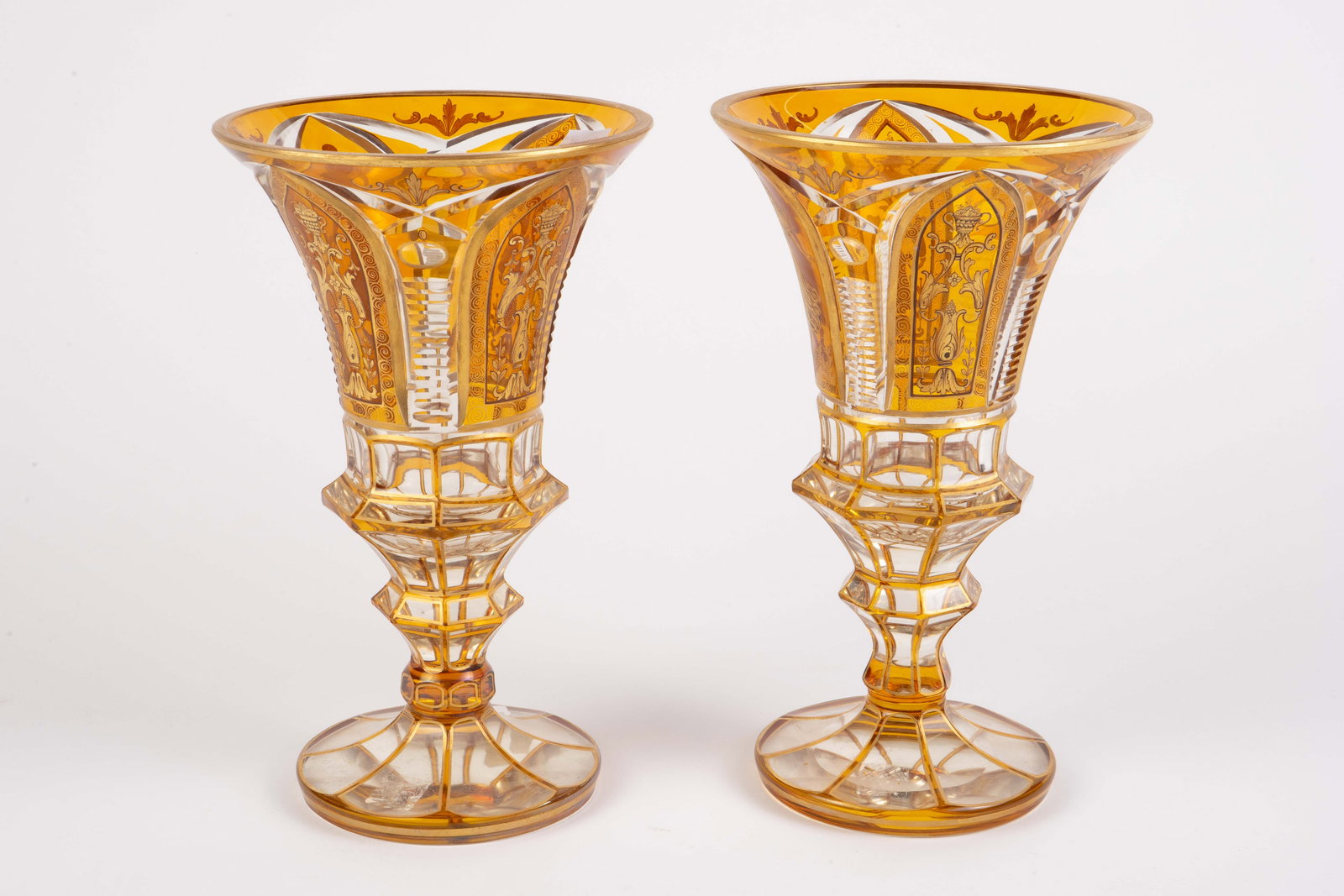 Pair of Moser Amber Crystal Vases. (1 of 8)