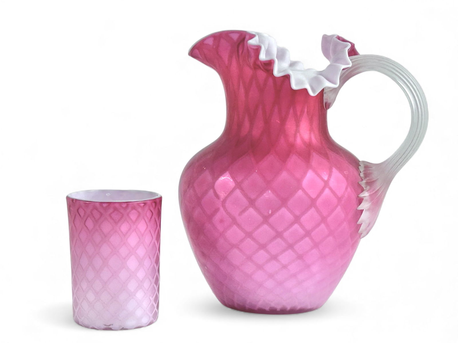 Fenton Satin Glass Diamond Quilted Pitcher & Cup. (1 of 9)