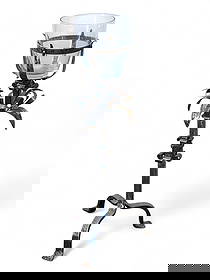 Wrought Metal Plant Stand with Glass Bowl.: This wrought stand has a floral design and carved details. The piece is in nice condition, with only a few light scratches. The bowl has a 7 1/2" diameter, and the base has a 12" diameter. It measures