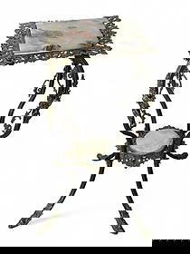 Victorian Onyx Plant Stand.: The stand has two tiers with a square onyx piece on the top, and a circular onyx piece on the bottom. It has floral decorated brass and feet with faces. The piece is in good condition, with only minor