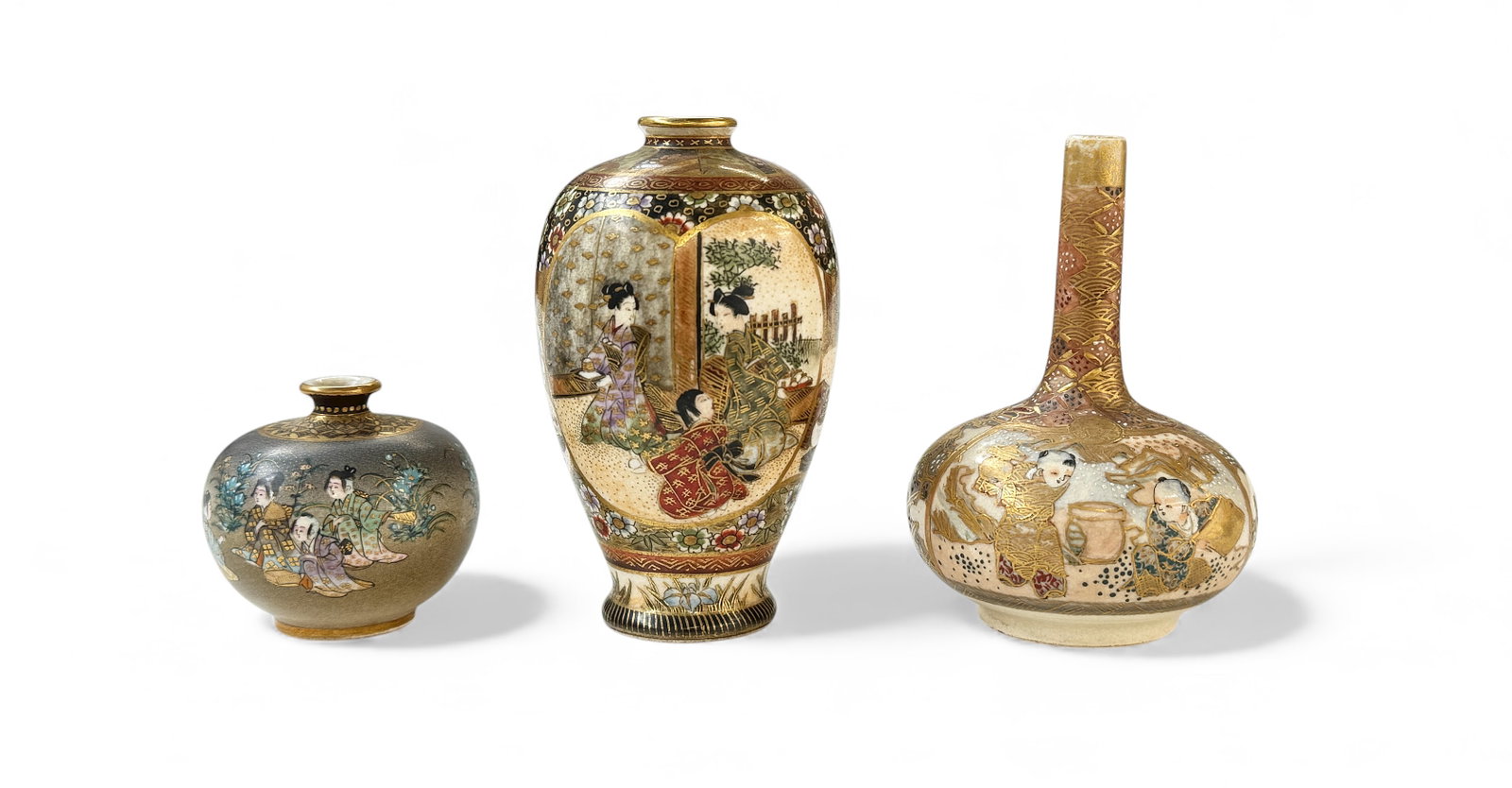 3 Fine Tiny Japanese Showa Period Satsuma Items.: All three of these pieces are intricately hand painted. The fatter (overall) vase and the tiniest piece are both signed. All items are in good overall condition. The smallest piece measures 1 3/4" tal