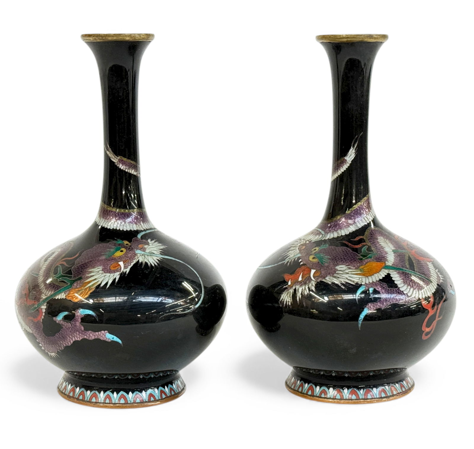 Pair Japanese Meiji Period Cloisonne Dragon Vases. (1 of 5)