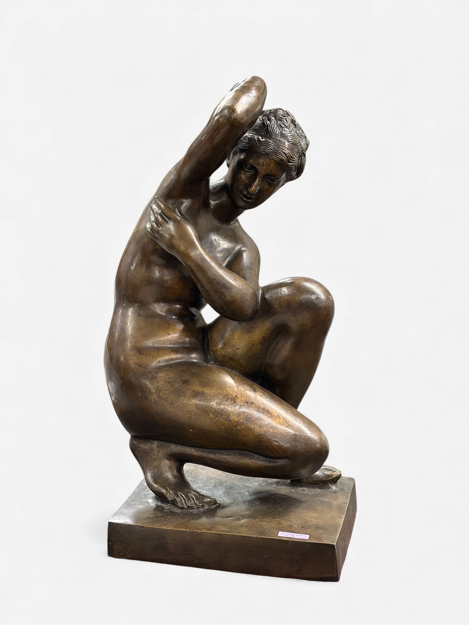 29" Kneeling Female Nude Bronze, Venus ?: It appears to be unsigned. Aside from some dust and white residue in the crevices, it looks to be in good condition. It measures 14 3/4" x 10 1/2" x 29". Third-party shipping or personal pickup is req