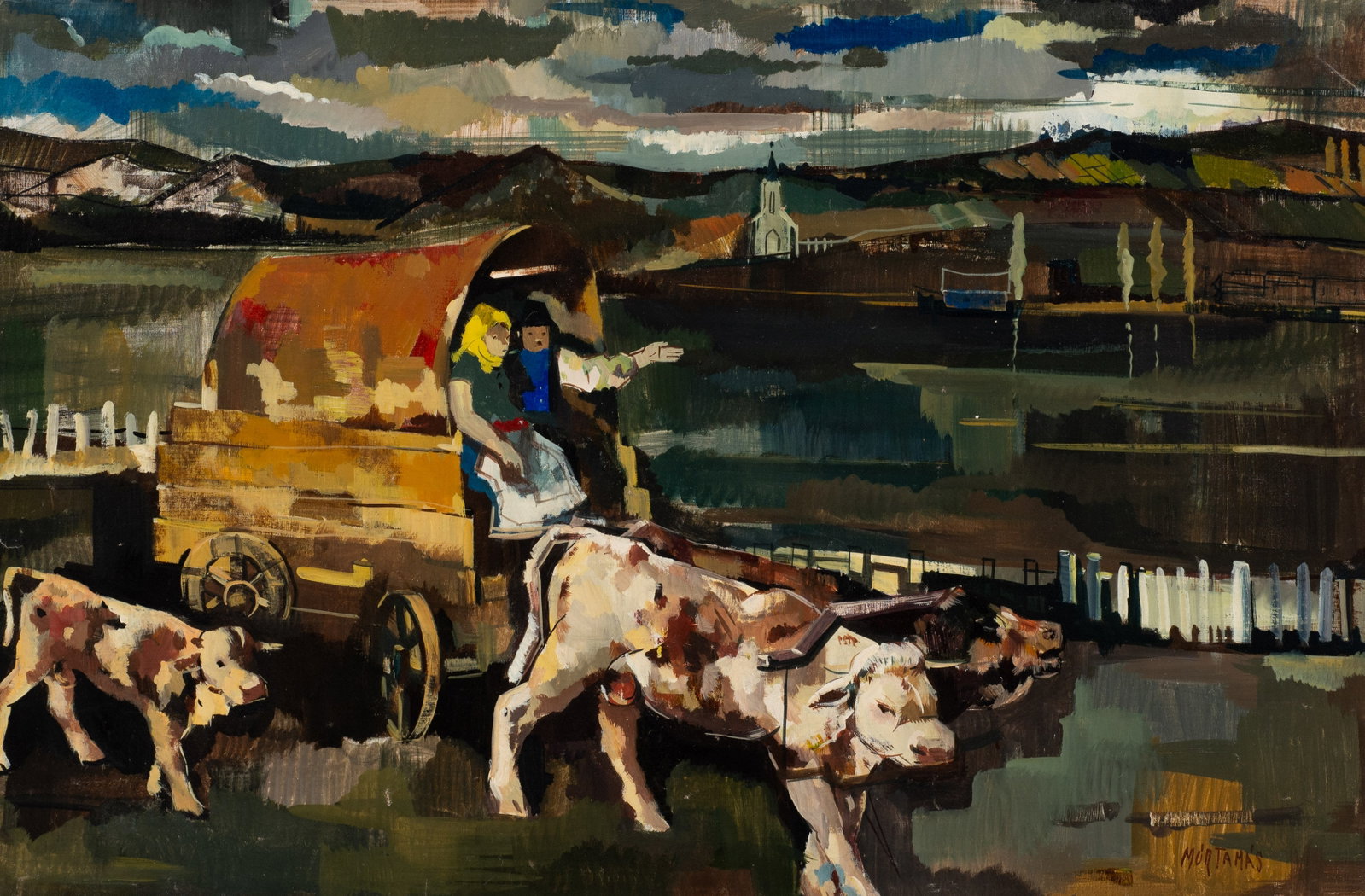 Large Painting of Farmers & Cows, Sgd. Mortamas.: Artist(s): Unknown, 20th Century. Medium: Oil on canvas. Signature(s): "Mortamas", lower right. Paperwork: N/A Condition: Craquelure throughout, as well as scattered scuffs that resulted in patches of
