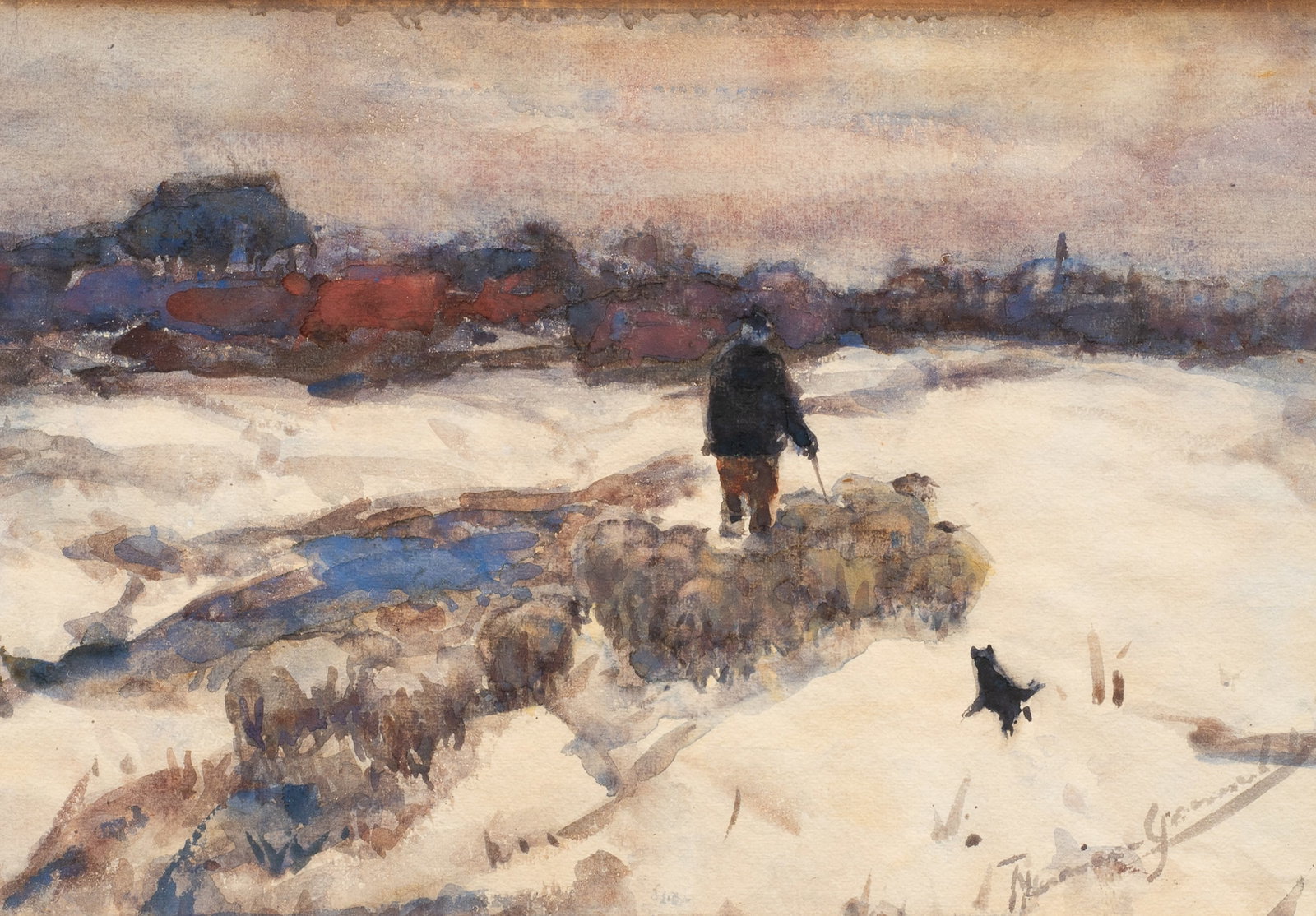 Shepherd in the Snow, Painting, Tamine Groeneveld: Artist(s): Tamine (Thamine) Tadama Groeneveld (Dutch, 1871-1938) Medium: Watercolor painting on paper. Signature(s): Lower right. Paperwork: Attached en verso is a previous sale identification, a labe