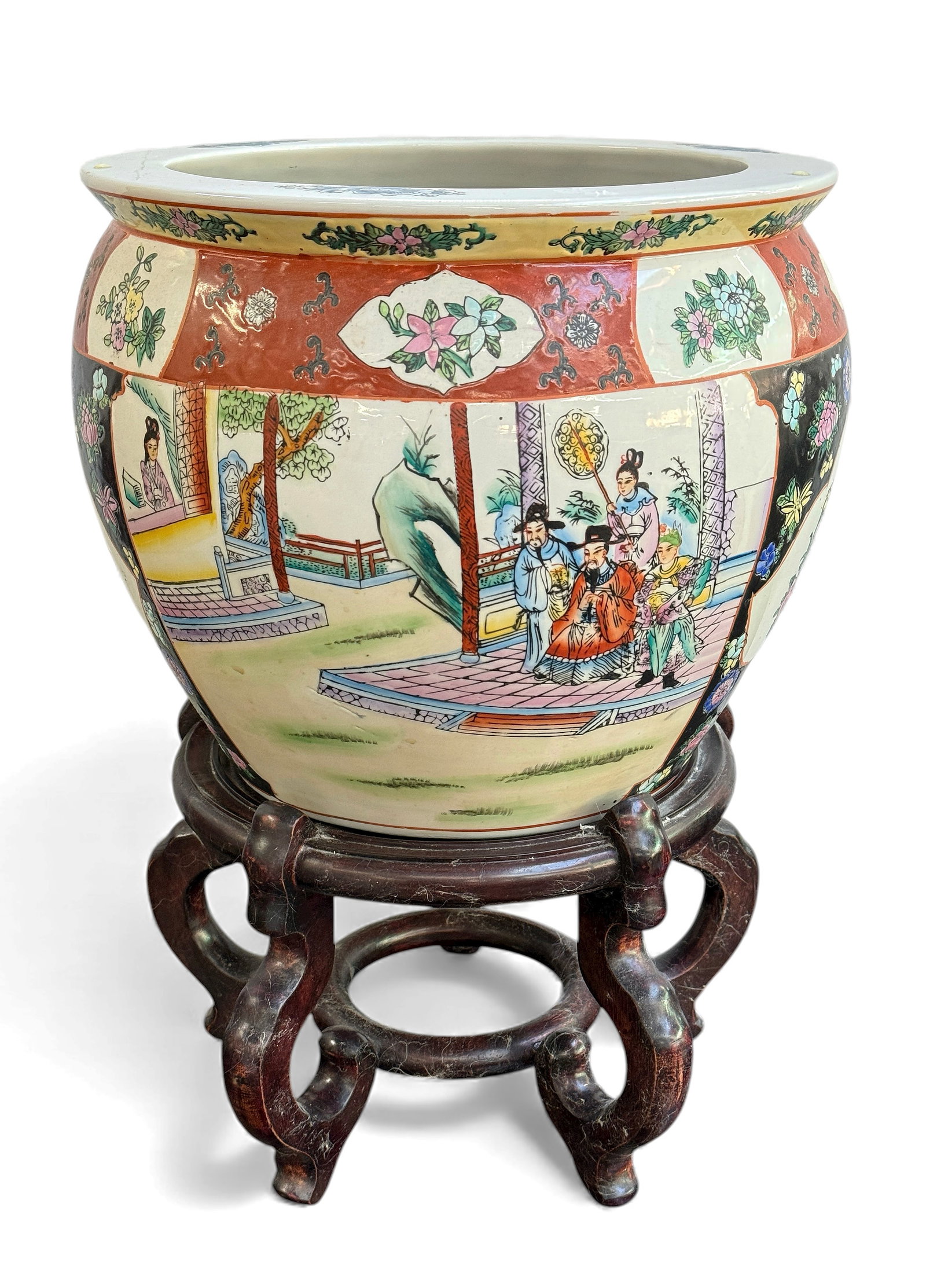 Chinese Porcelain Jardiniere with Wood Stand.: The contemporary jardiniere is in good overall condition. It measures 12 1/2" tall and 15" in diameter. The stand adds 8 1/2" of height. Third-party shipping or personal pickup is required. Please see